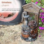 Alpine Corporation ZEN576S Outdoor Rustic Design Water Pump and Barrel Floor Fountain - Welcome Sign, 24 Inch Tall, Brown