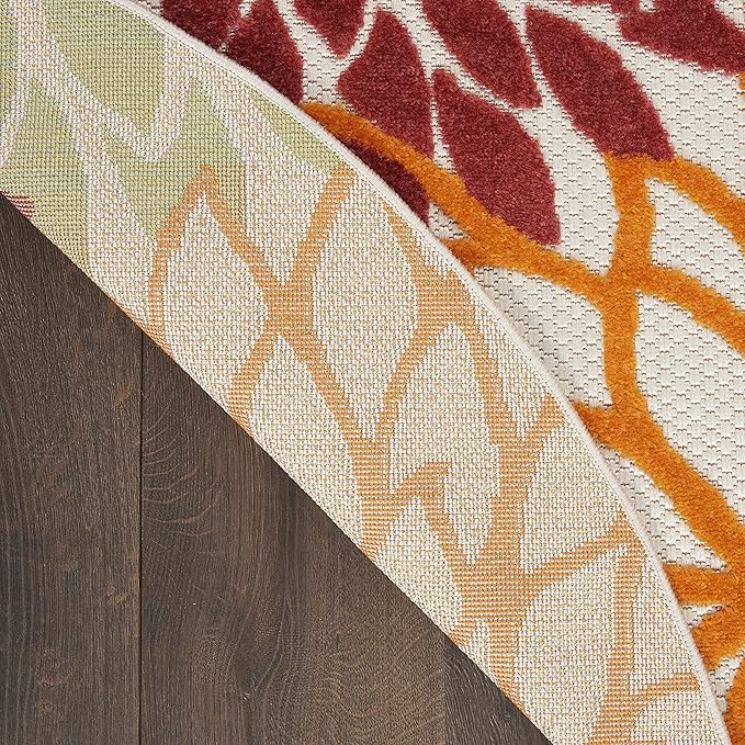 Nourison Home Aloha Indoor/Outdoor Red Multi Colored 4' x Round Area Rug, Tropical, Botanical, Easy Cleaning, Non Shedding, Bed Room, Living Room, Dining Room, Deck, Backyard, Patio (4 Round)