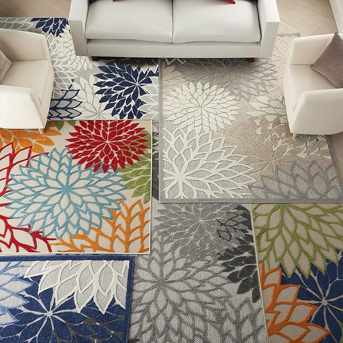 Nourison Home Aloha Indoor/Outdoor Blue/Multicolor 3'6" x 5'6" Area Rug, Tropical, Botanical, Easy Cleaning, Non Shedding, Bed Room, Living Room, Dining Room, Deck, Backyard, Patio (3x5)