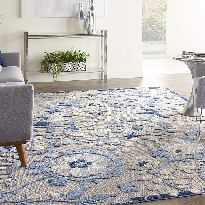Nourison Home Aloha Blue Grey 9' x 12' Area Rug - Easy Clean, Non Shedding, Bed Room, Living Room, Dining Room, Kitchen (9' x 12')