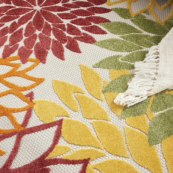 Nourison Home Aloha Indoor/Outdoor Red Multi Colored 5'3" x Round Area Rug, Tropical, Botanical, Easy Cleaning, Non Shedding, Bed Room, Living Room, Dining Room, Deck, Backyard, Patio (5 Round)