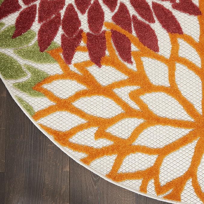 Nourison Home Aloha Indoor/Outdoor Red Multi Colored 5'3" x Round Area Rug, Tropical, Botanical, Easy Cleaning, Non Shedding, Bed Room, Living Room, Dining Room, Deck, Backyard, Patio (5 Round)