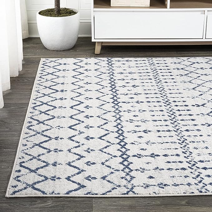JONATHAN Y Boho Vintage Diamond Cream/Navy Indoor Area Rug 8X10 ft, Moroccan Hype for Living Room, Bedroom, Kitchen, Office, Easy-Cleaning, High Traffic, Pet-Friendly, Non-Shedding (MOH101F-8)