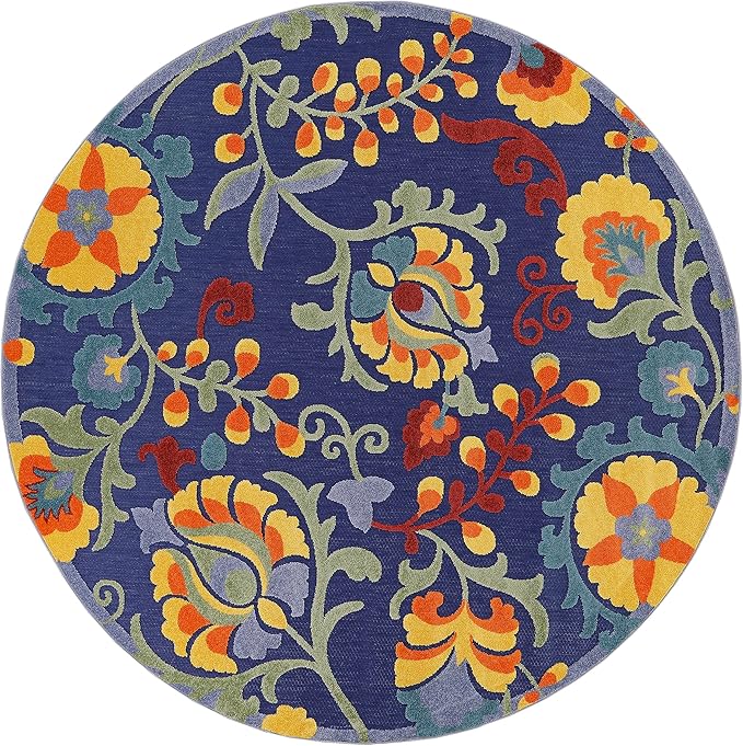 Nourison Home Aloha Navy Multicolor 5'3" x Round Area Rug - Easy Clean, Non Shedding, Bed Room, Living Room, Dining Room, Kitchen (5' x Round)