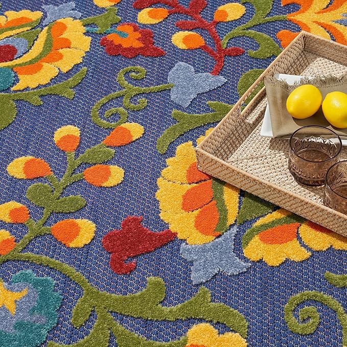 Nourison Home Aloha Navy Multicolor 7'10" x Round Area Rug - Easy Clean, Non Shedding, Bed Room, Living Room, Dining Room, Kitchen (8' x Round)