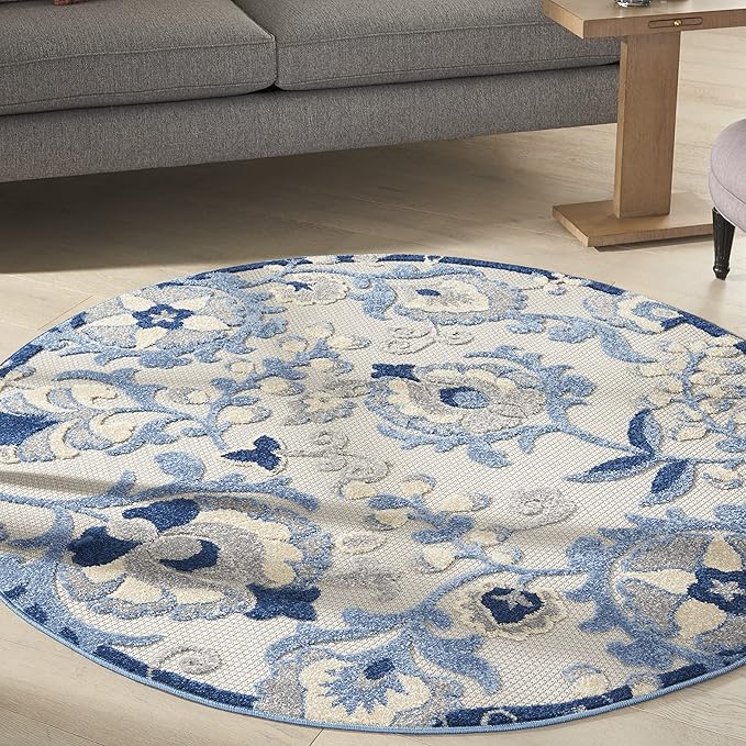 Nourison Home Aloha Blue Grey 5'3" x Round Area Rug - Easy Clean, Non Shedding, Bed Room, Living Room, Dining Room, Kitchen (5' x Round)