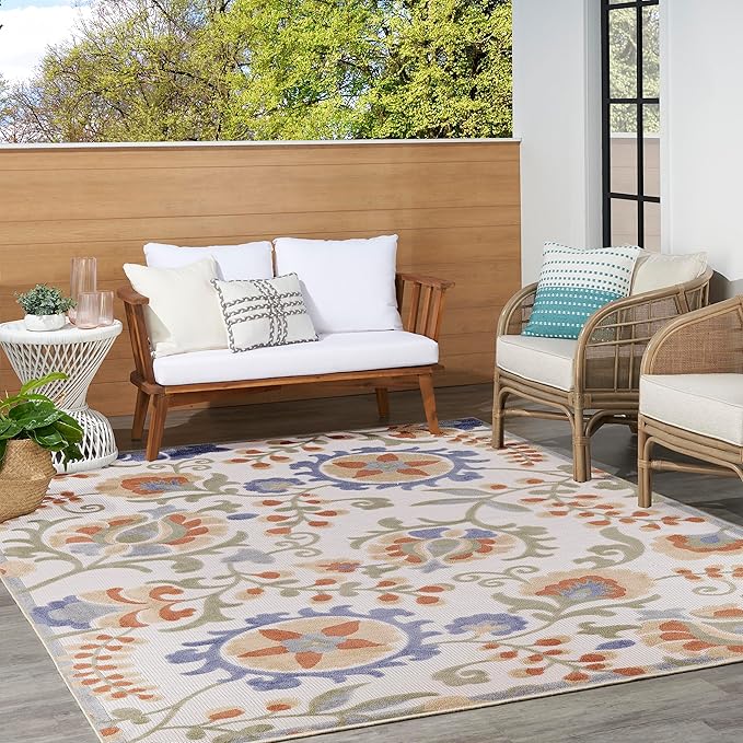 Nourison Home Aloha Ivory Blue 7'10" x 10'6" Area Rug - Easy Clean, Non Shedding, Bed Room, Living Room, Dining Room, Kitchen (8' x 11')