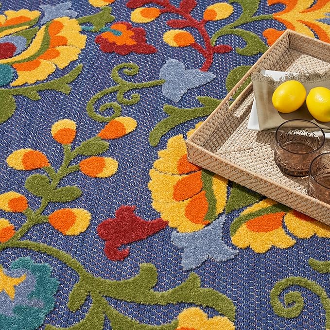 Nourison Home Aloha Navy Multicolor 7'10" x 10'6" Area Rug - Easy Clean, Non Shedding, Bed Room, Living Room, Dining Room, Kitchen (8' x 11')