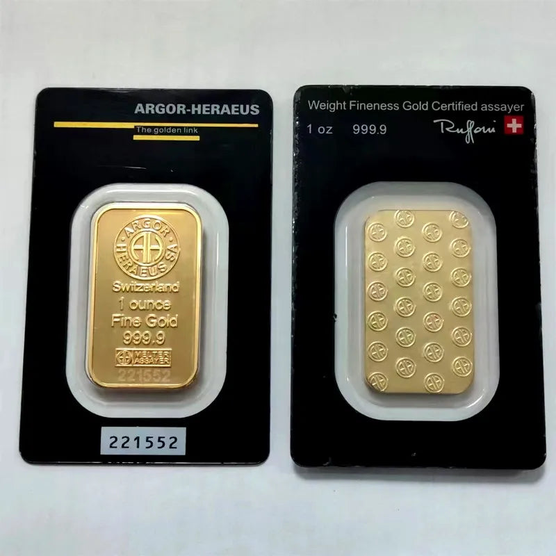 New 24K Gold Plated Swiss 1 OZ  Argor-Heraeus Gold Bar Replica Gold Bullion Gold Coin Gifts Coin Bullion Collection
