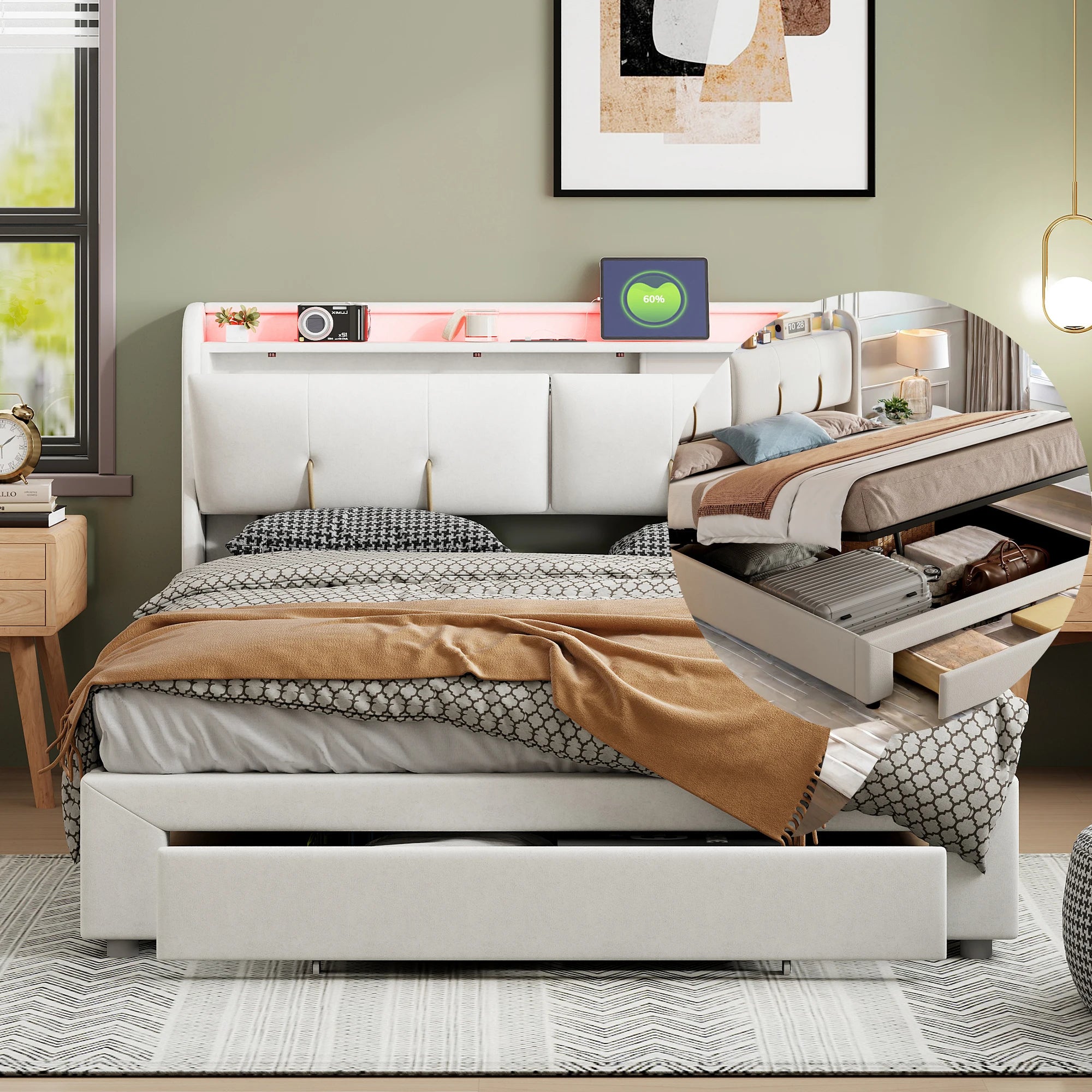 Wooden Aura 160*200cm Double Bed storage Bed with USB Charging and LED Lighting Linen model Grey No Mattress