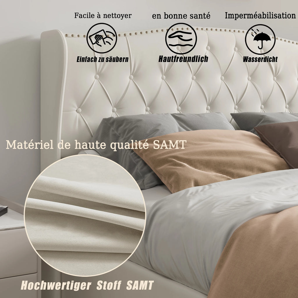 160x200cm Upholstered Double Bed, Hydraulic Bed with Backrest Headboard and Slatted Frame, with Storage Space, Velvet, Beige