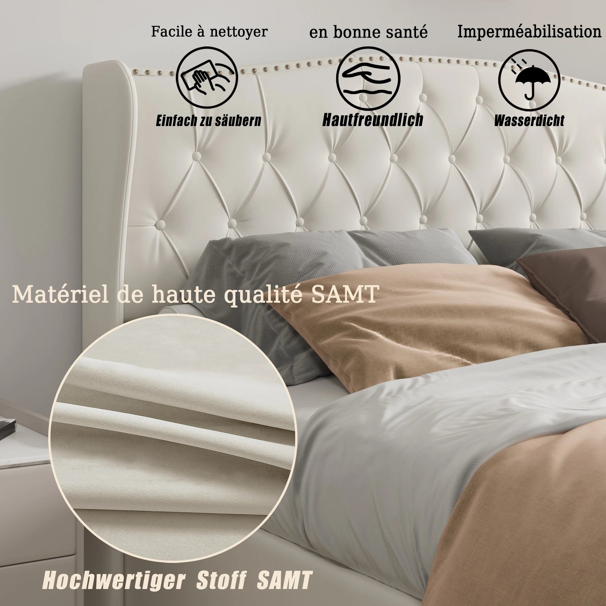 160x200cm Upholstered Double Bed, Hydraulic Bed with Backrest Headboard and Slatted Frame, with Storage Space, Velvet, Beige