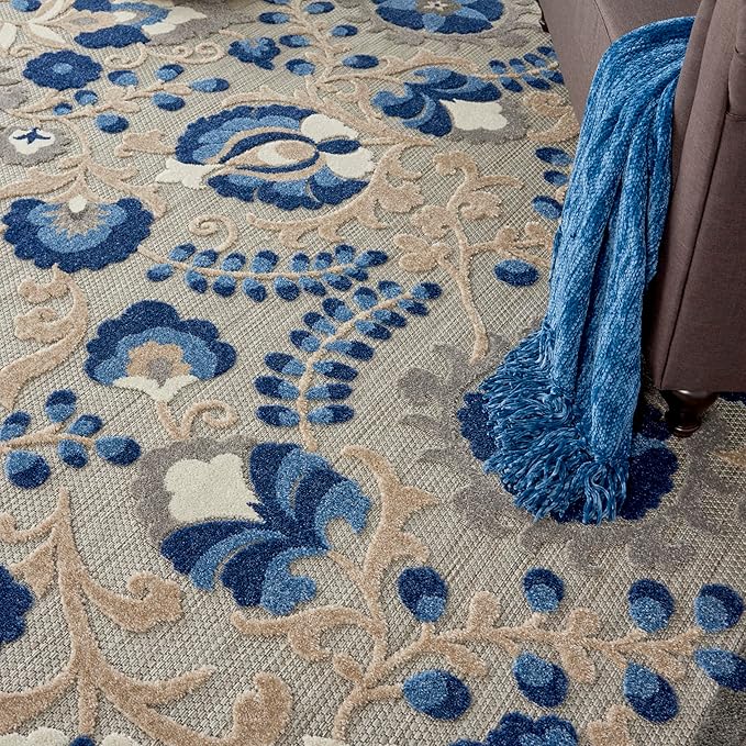 Nourison Home Aloha Natural Blue 7' x 10' Area Rug - Easy Clean, Non Shedding, Bed Room, Living Room, Dining Room, Kitchen (7' x 10')