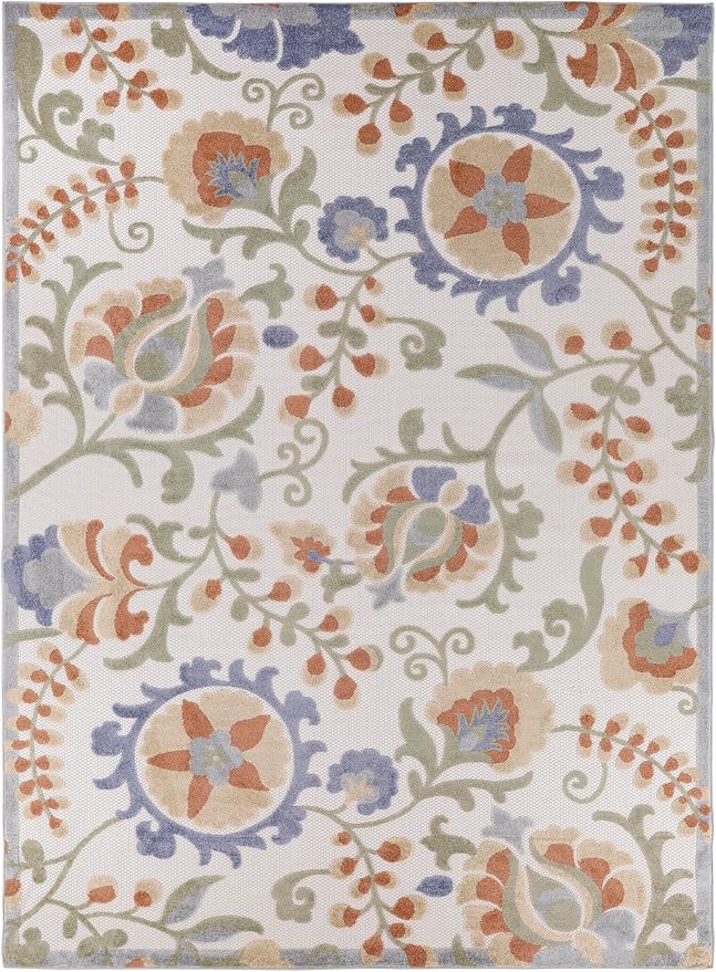 Nourison Home Aloha Ivory Blue 9' x 12' Area Rug - Easy Clean, Non Shedding, Bed Room, Living Room, Dining Room, Kitchen (9' x 12')