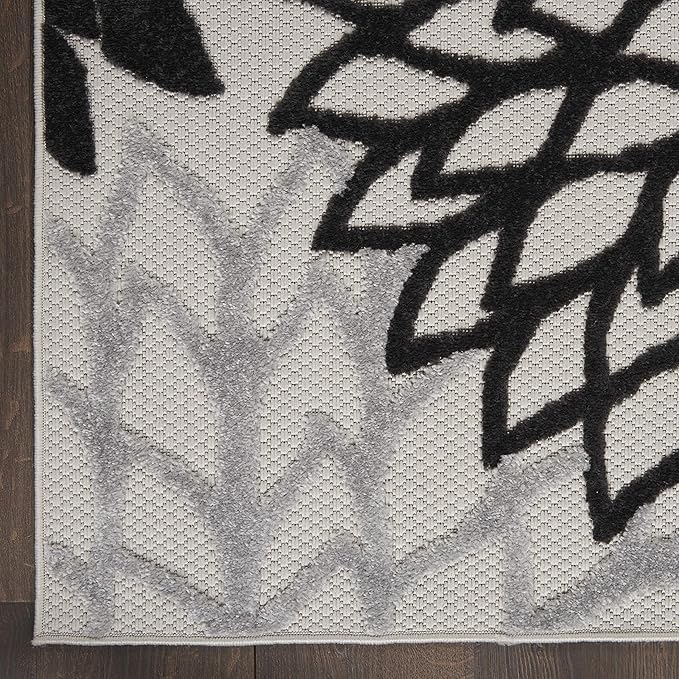 Nourison Home Aloha Indoor/Outdoor Black White 2'8" x 4' Area Rug, Tropical, Botanical, Easy Cleaning, Non Shedding, Bed Room, Living Room, Dining Room, Deck, Backyard, Patio (3x4)