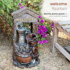 Alpine Corporation ZEN576S Outdoor Rustic Design Water Pump and Barrel Floor Fountain - Welcome Sign, 24 Inch Tall, Brown