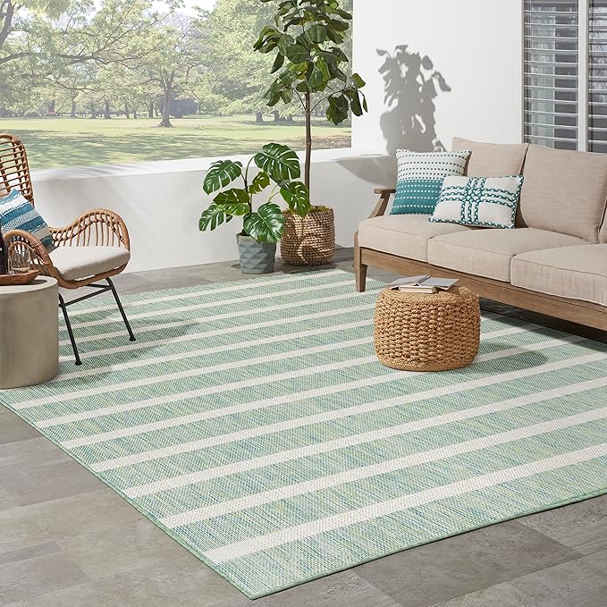 Nourison Home Positano Indoor/Outdoor Blue Green Ivory 8' x 10' Area Rug, Easy Cleaning, Non Shedding, Bed Room, Living Room, Dining Room, Backyard, Deck, Patio (8x10)