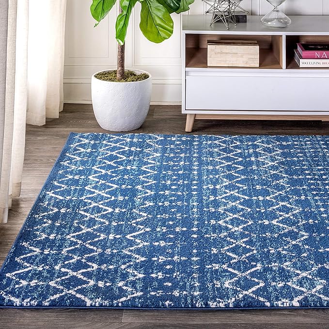 JONATHAN Y Boho Vintage Diamond Blue/White Indoor Area Rug 3X5 ft, Moroccan Hype for Living Room, Bedroom, Kitchen, Office, Easy-Cleaning, High Traffic, Pet-Friendly, Non-Shedding (MOH101A-3)