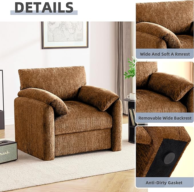 Chenille Oversized Armchair, 38.6'" Wide Accent Chairs for Living Room & Bedroom Modern Lounge Chair, Upholstered Mid-Century Reading Chair (Rustic Bronzing Cloth, 1 Pack)