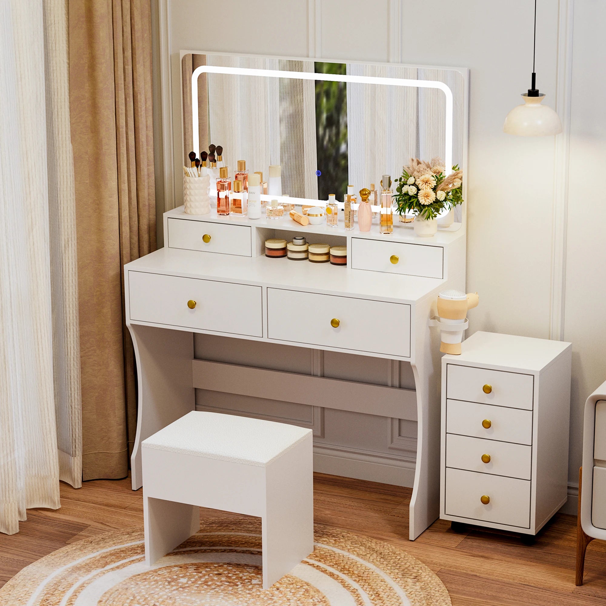 Vanity Desk with Upgraded Silent Slides, 3-Piece Makeup Vanity with Movable Storage Cabinet, Golden Handles 8 Drawers and 3 Ligh