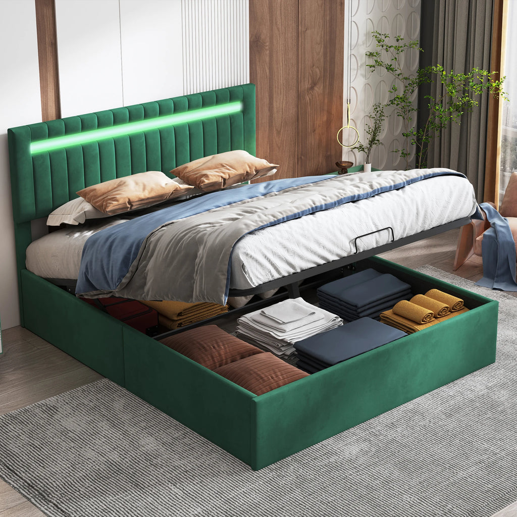 Storage bed 160x200, Double Bed, Upholstered Bed with Bed Box, LED Lighting Green Velvet Storage, Adjustable Height Headboard