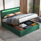 Storage bed 160x200, Double Bed, Upholstered Bed with Bed Box, LED Lighting Green Velvet Storage, Adjustable Height Headboard