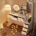 Full-Length Vanity Desk with Mirror and Lights, Golden Handles Makeup Vanity with 6 Drawers and 7 Compartments, 3 Lighting Modes