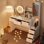 Full-Length Vanity Desk with Mirror and Lights, Golden Handles Makeup Vanity with 6 Drawers and 7 Compartments, 3 Lighting Modes