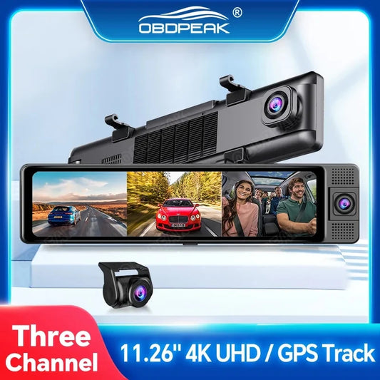 OBDPEAK 3 Camera Dash Cam 4K Car DVR Front Inside Rear 1080P GPS Track