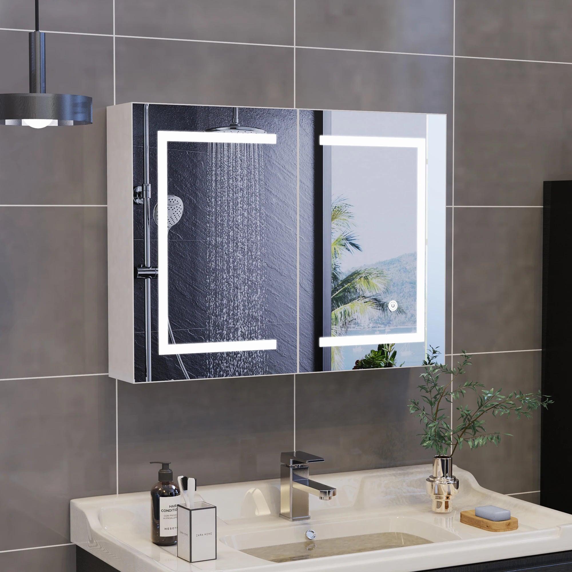 Rosahqnda Bathroom mirror Cabinet with lighting, with LED, HD double door mirror, wall Cabinet, touch sensor switch, White