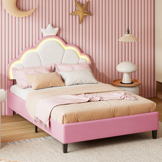 Rosahqnda Children's bed, girls Single bed, Double Bed, Crown Shape Princess bed, Adjustable Headboard, Pink