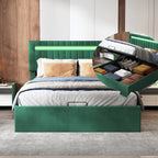 Storage bed 160x200, Double Bed, Upholstered Bed with Bed Box, LED Lighting Green Velvet Storage, Adjustable Height Headboard