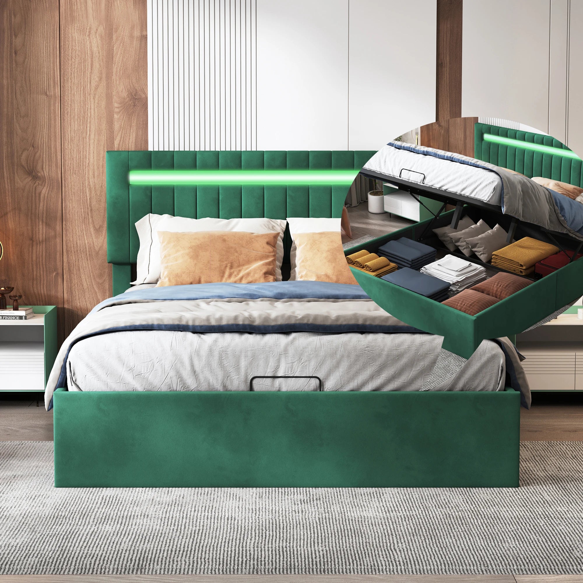 Storage bed 160x200, Double Bed, Upholstered Bed with Bed Box, LED Lighting Green Velvet Storage, Adjustable Height Headboard