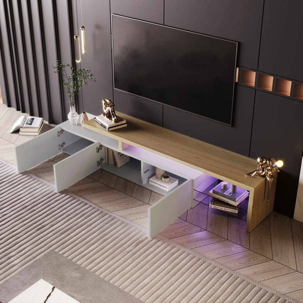 Rosahqnda TV Cabinet for Living Room,TV Lowboard,Sideboard, with LED,2 Glass Partition,3 Drawers,White High Gloss