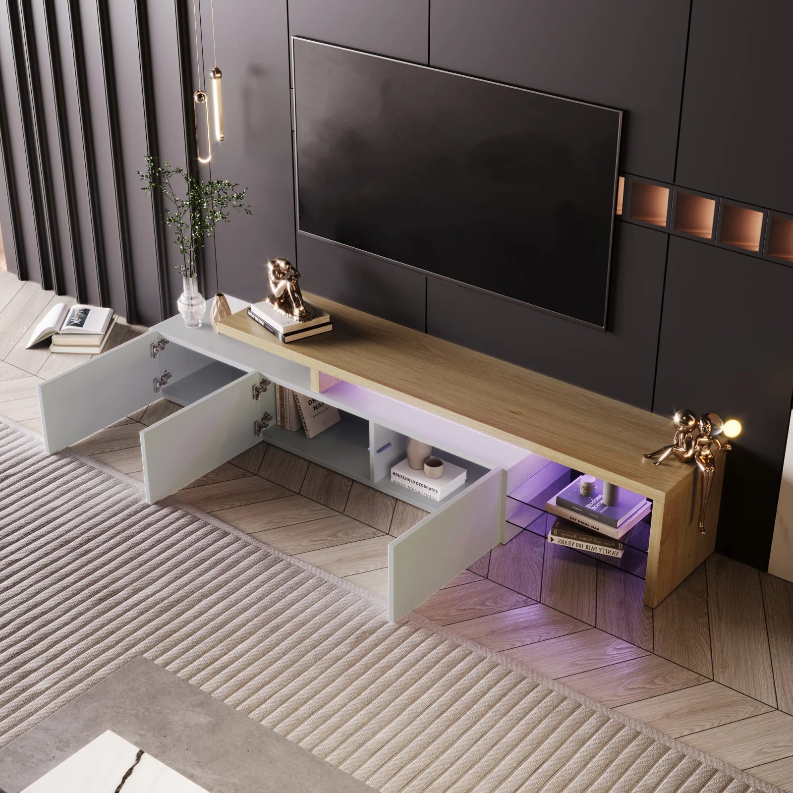 Rosahqnda TV Cabinet for Living Room,TV Lowboard,Sideboard, with LED,2 Glass Partition,3 Drawers,White High Gloss