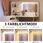 Large dressing table with adjustable LED lighting, dressing table with mirror, 5 drawers, 4 open shelves for bedroom