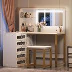 Large dressing table with adjustable LED lighting, dressing table with mirror, 5 drawers, 4 open shelves for bedroom