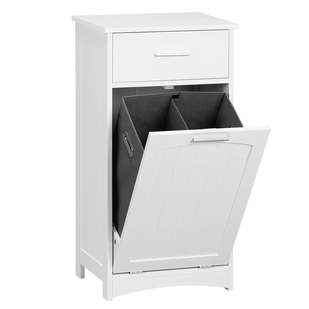White Bathroom Cabinet with Fold-out Laundry Basket 42x82x30cm Slim Clothes Cupboard  Sundries Toilet Storage Racks
