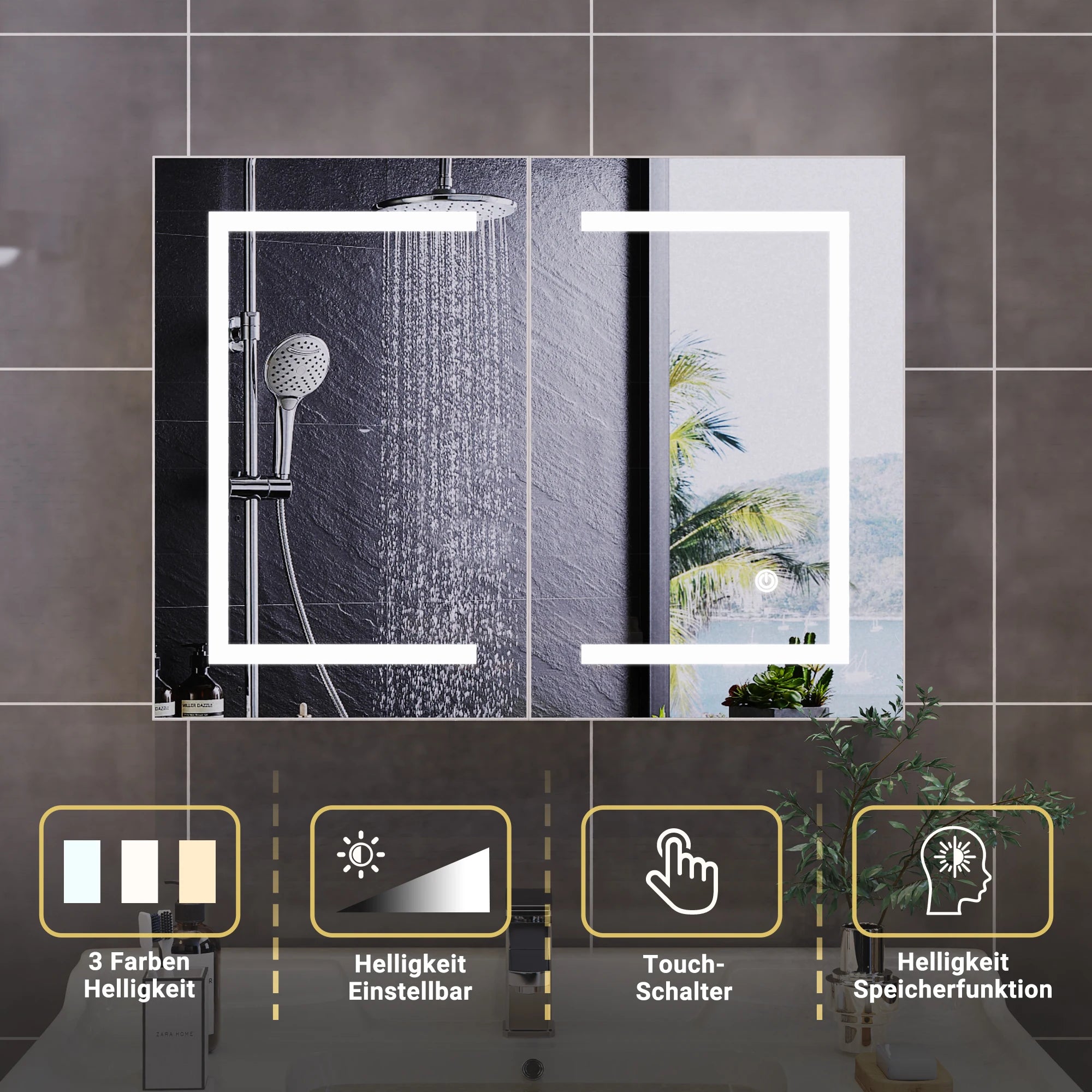 Rosahqnda anti-fog bathroom mirror cabinet with LED lighting, height adjustable shelves, 3 color temperature dimmable