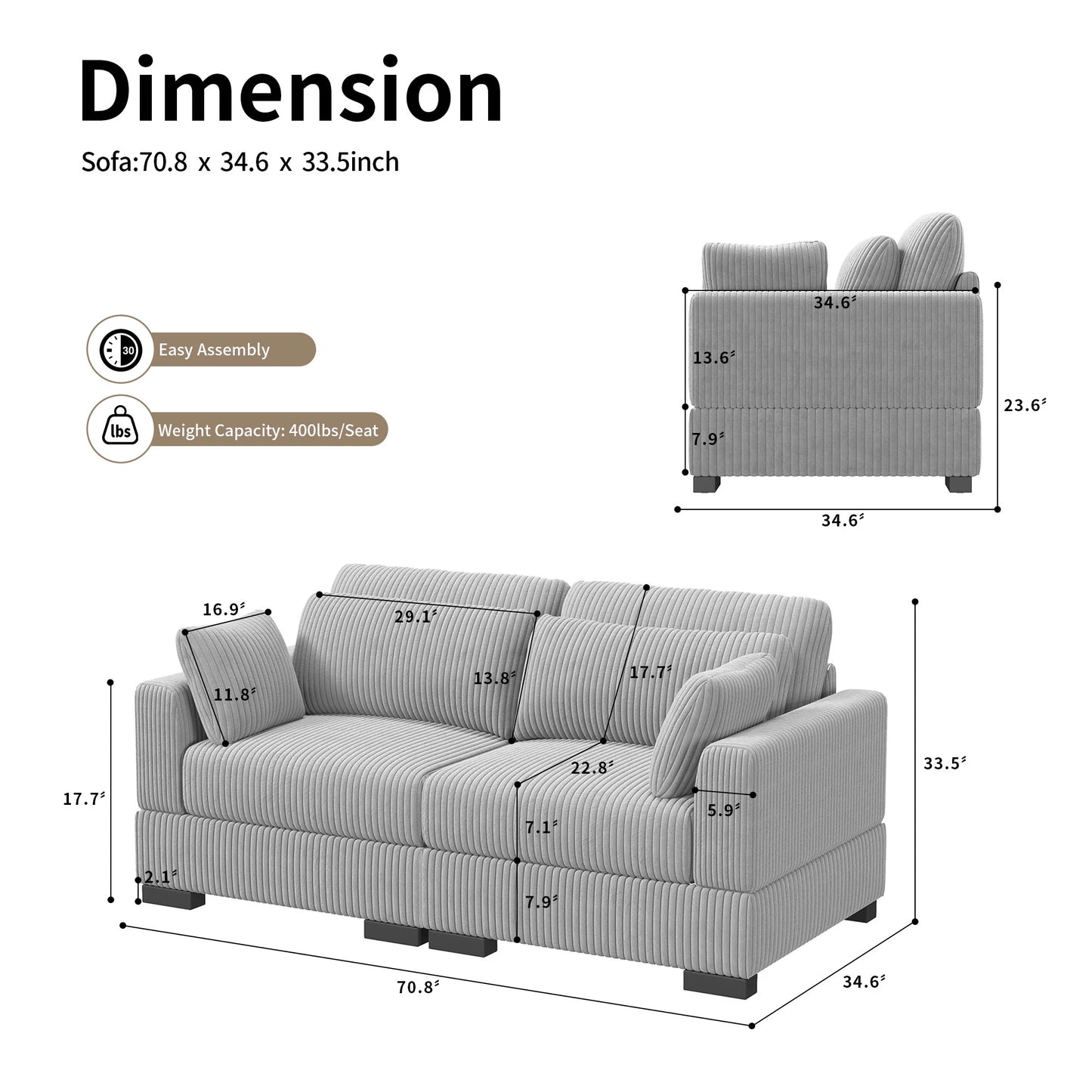 Anajqaqia Modular Sofa Sofa with Cushions, Corner Sofa with Wide Armrests, U-shaped Cord Fabric Sofa
