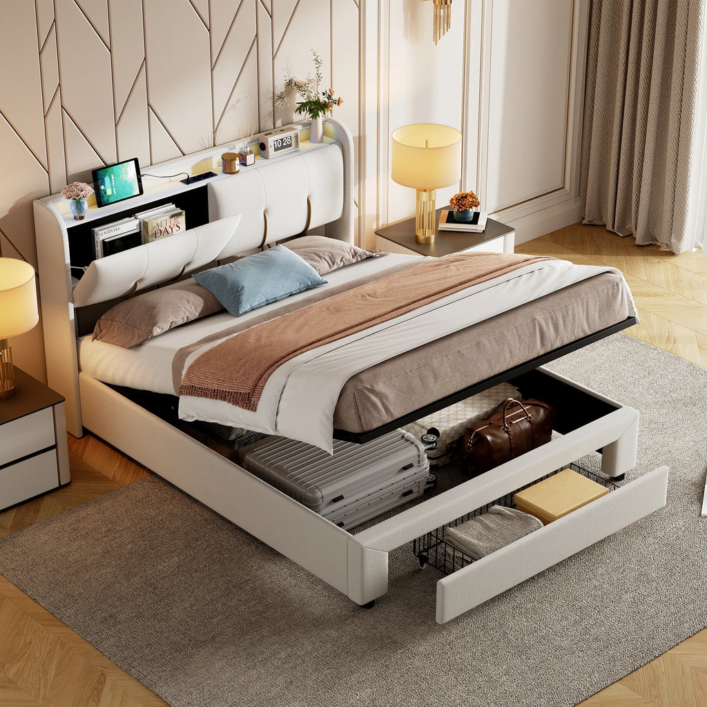 Wooden Aura 160*200cm Double Bed storage Bed with USB Charging and LED Lighting Linen model Grey No Mattress