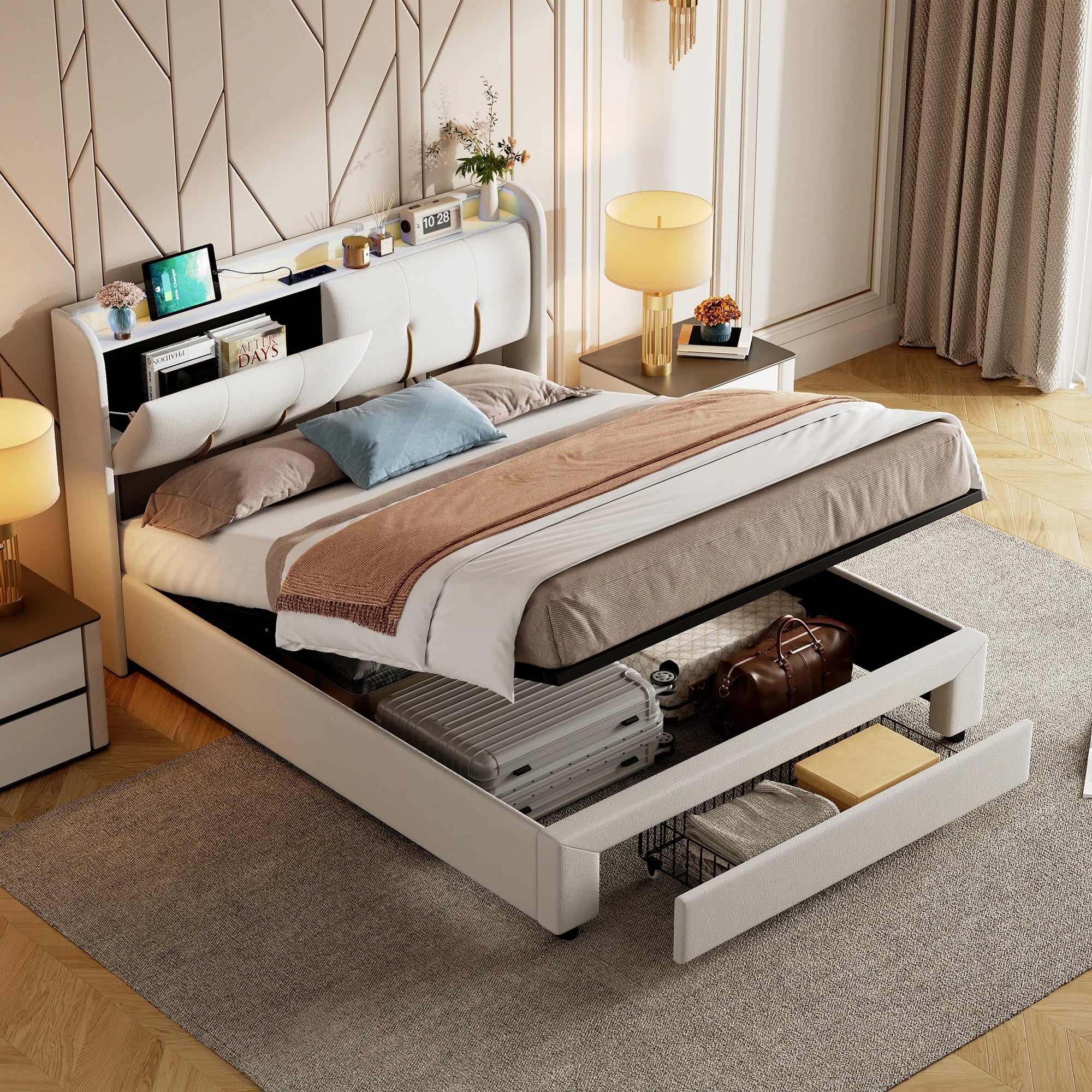 Wooden Aura 160*200cm Double Bed storage Bed with USB Charging and LED Lighting Linen model Grey No Mattress