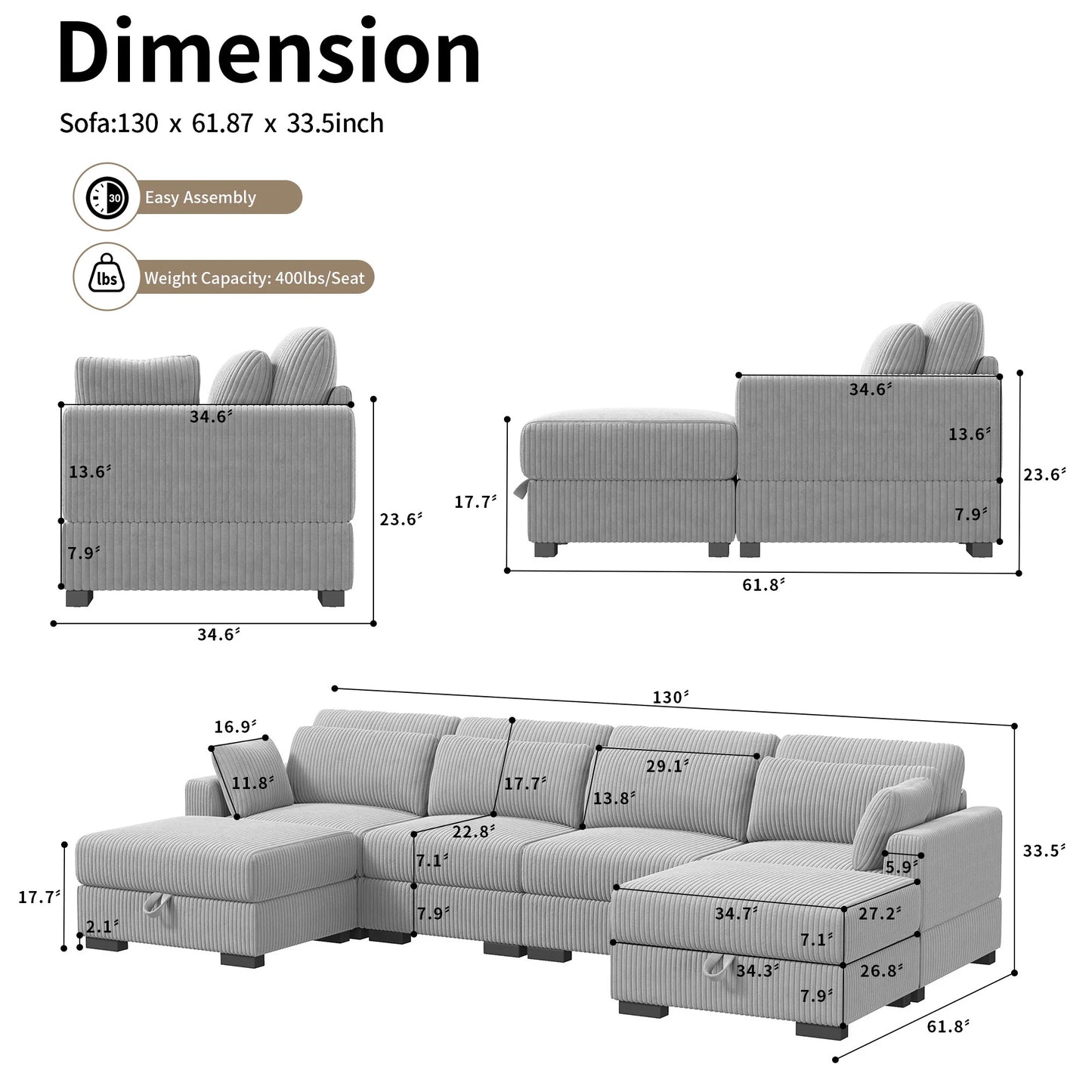 Anajqaqia Modular Sofa Sofa with Cushions, Corner Sofa with Wide Armrests, U-shaped Cord Fabric Sofa