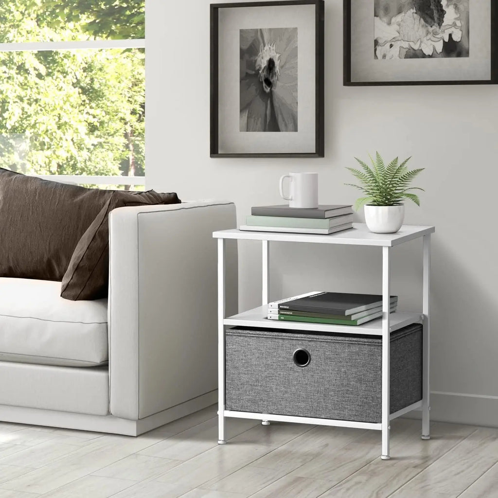 Nightstand 1-Drawer Shelf Storage - Bedside Furniture & End Table Chest Dresser with Steel Frame, Wood Top & Easy Pull Fabric Bi