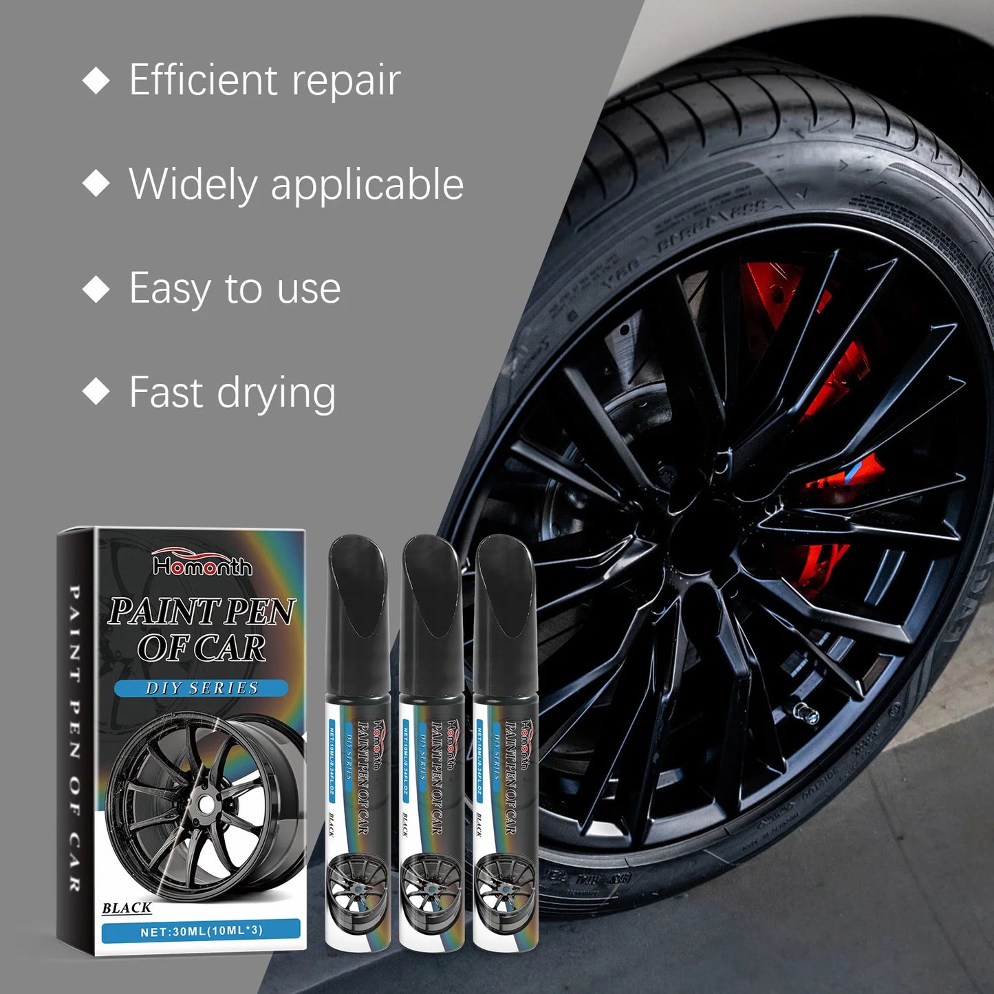 Homonth 10mlx3 Black Car Wheel Scratch Repair Pen Tire Scratch Remover Wheel Hub Scratch Repair Anti Rust Auto Paint Repair Pen