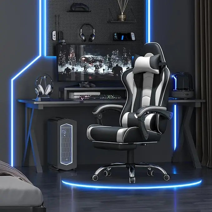 Ergonomic Gaming Chair w/ Massage Lumbar & Footrest - Height-Adjustable, Black/White | AlluCanFind