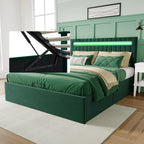 Storage bed 160x200, Double Bed, Upholstered Bed with Bed Box, LED Lighting Green Velvet Storage, Adjustable Height Headboard