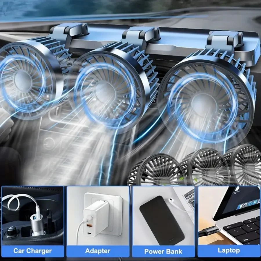 USB 5V Car Triple Header Fan Multi Angle Adjustable, No Obstructed Vie
