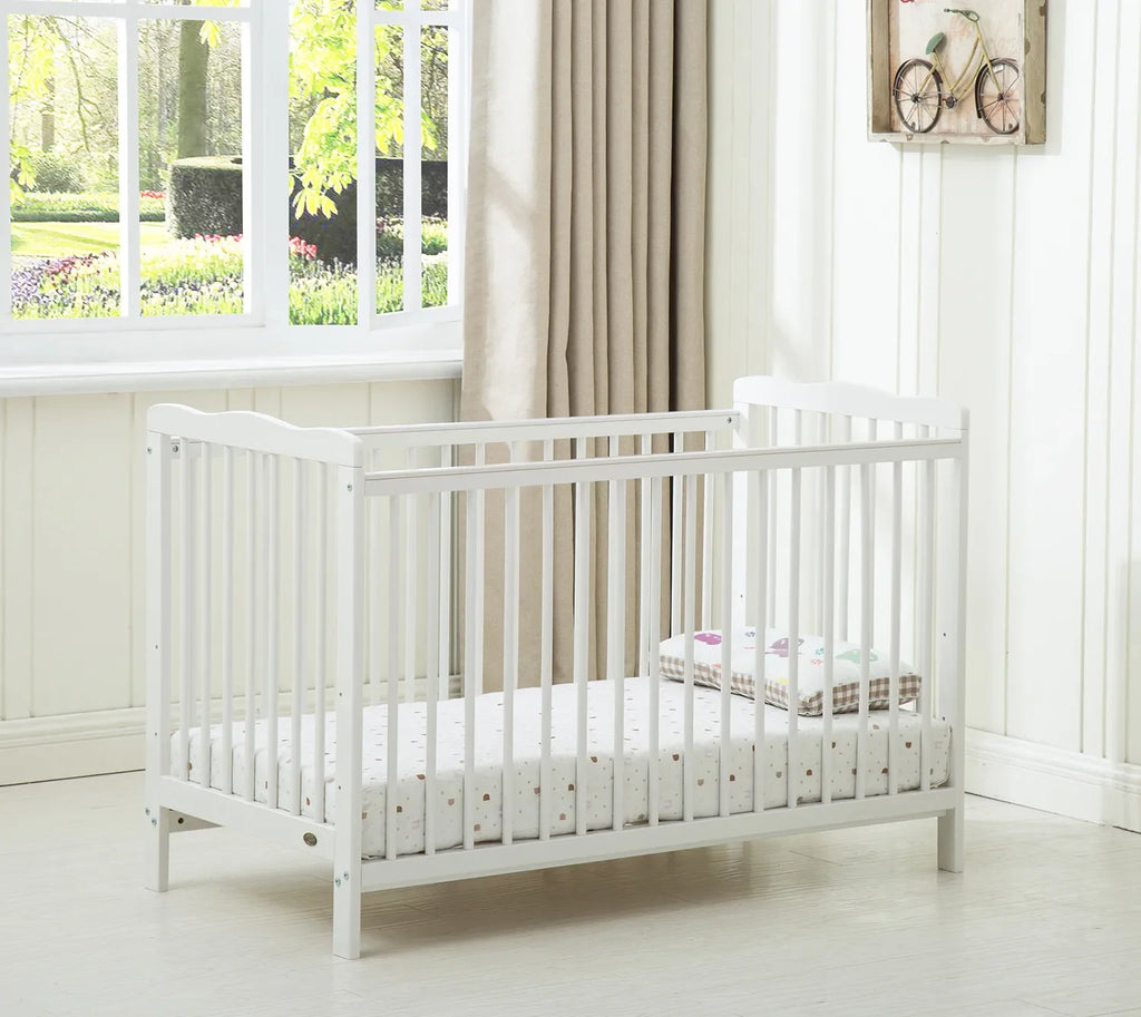 mcc direct Brooklyn Baby Cot Crib With Water repellent Mattress and Safety Wooden Barrier (125 x 66 cm)