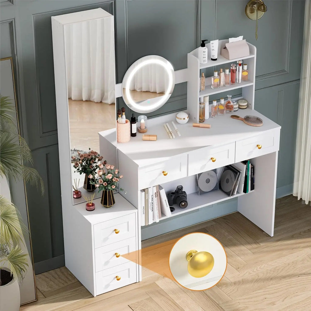 Full-Length Vanity Desk with Mirror and Lights, Golden Handles Makeup Vanity with 6 Drawers and 7 Compartments, 3 Lighting Modes